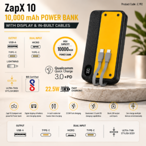 ZapX 10: 10,000 mAh Power bank with Display & In-Built Cables