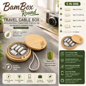 BamBox Round: Travel Cable box with universal connectors