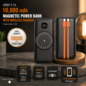 Orbit X 10: 10,000 mAh Magnetic Power bank With Wireless Charger | Integrated cables | 15W wireless charging | Output