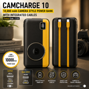 CamCharge 10: 10,000 mAh Camera Style Power bank With Integrated cables | Beautiful Camera like Design | Output ports: 2 Ivory, Black