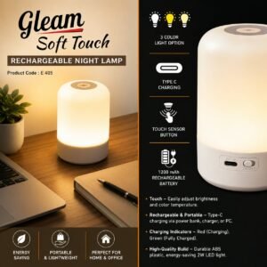 Gleam: Soft touch Rechargeable Night Lamp | 3 Color light with