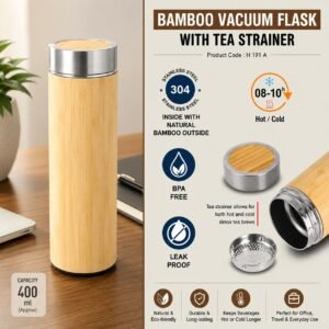 Stainless steel Bamboo Vacuum flask with Tea Strainer