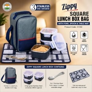 Zippy Square: Lunch box bag with 3 Square Stainless steel
