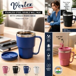 Vertex: Stainless Steel Double wall mug with Unique Ridge Base Black, White