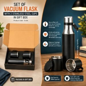 Set of Vacuum Flask with 2 Stainless steel cups in Gift box Black