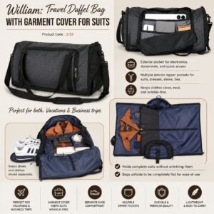 William: Travel Duffel Bag with Garment cover for Suits | Fully